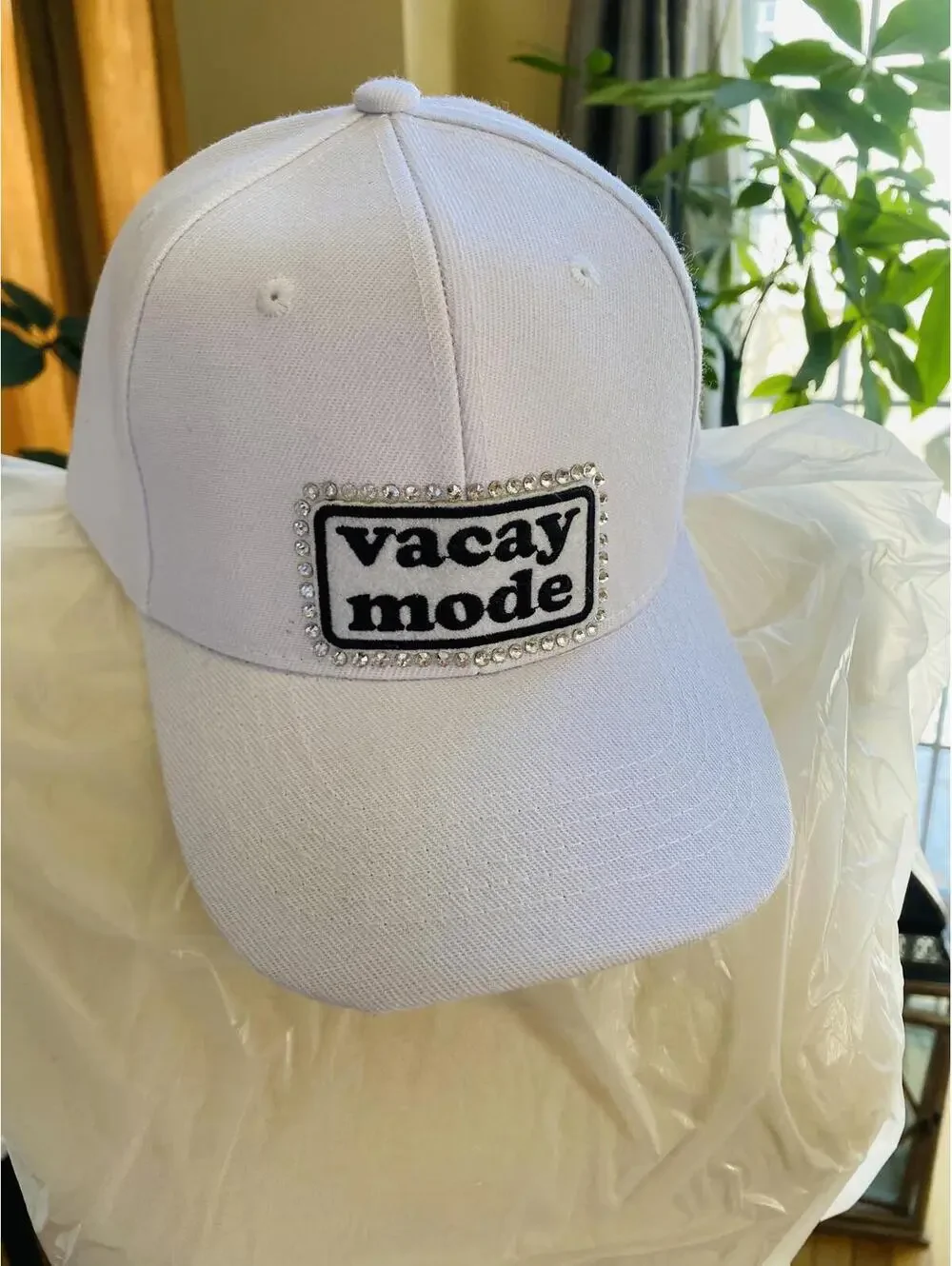 White Baseball Cap with Vacay Mode Patch and Rhinestone Trim